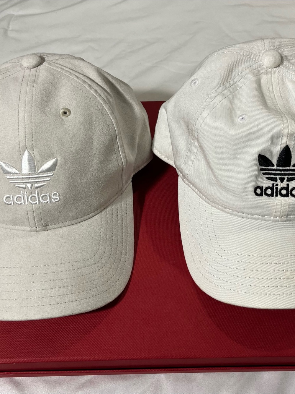 Adidas 2 Women’s Slideback Hats Tan & White OSFW Embroidered Trefoil 3 Stripes